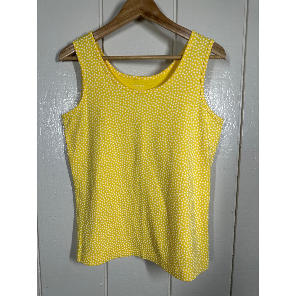 Lands End Tank Top Womens S Yellow Polka Dot Sleeveless Scoop Neck Cotton 7807